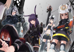  6+girls animal_ears arknights axe blush cat_ears cliffheart_(arknights) crownslayer_(arknights) eyewear_on_head feater_(arknights) gauntlets grey_hair hat helmet hood hoodie multicolored_hair multiple_girls o_o orange_hair panda_ears projekt_red_(arknights) purple_hair rabbit_ears reunion_soldier_(arknights) ribbon rope rope_(arknights) saliva shaw_(arknights) signature squirrel_tail tail tears wolf_ears wolf_tail yatsucchie 