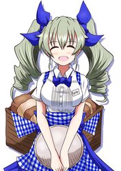  anchovy_(girls_und_panzer) apron basket blue_apron blue_bow blue_bowtie blue_ribbon blue_skirt bow bowtie bread brown_eyes character_name checkered_apron checkered_clothes commentary dress_shirt drill_hair employee_uniform facing_viewer female food girls_und_panzer green_hair hair_ribbon high-waist_skirt highres holding holding_tray kobeya kobeya_uniform light_blush long_hair meiya name_tag open_mouth pleated_skirt red_eyes ribbon shadow shirt short_sleeves skirt smile solo standing tray twin_drills twintails uniform v_arms waist_apron wing_collar 