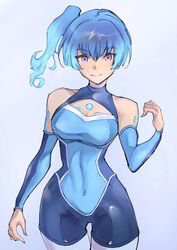  absurdres bare_shoulders blue_hair blue_sky blunt_bangs bodysuit breasts chest_jewel closed_mouth commentary covered_navel cowboy_shot detached_sleeves diving_suit female fiery_hair glowing_lines highres legs_together long_sleeves looking_at_viewer medium_breasts off_shoulder official_alternate_costume purple_eyes sena_(xenoblade) side_ponytail sky smile solo swimsuit ug333333 wetsuit xenoblade_chronicles_(series) xenoblade_chronicles_3 