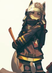  absurdres animal_ears animal_ears_helmet arknights axe black_gloves black_jacket black_shorts brown_background brown_eyes brown_hair commentary_request fake_animal_ears female fire_axe fire_helmet firefighter firefighter_jacket fixro2n gloves highres holding holding_axe jacket knee_pads long_sleeves looking_at_viewer parted_lips shaded_face shaw_(arknights) shorts simple_background smile solo squirrel_girl squirrel_tail standing tail white_headwear 