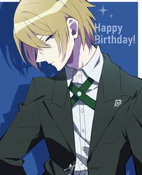  1boy blonde_hair blue_background blue_eyes border collared_shirt commentary_request cross_tie danganronpa:_trigger_happy_havoc danganronpa_(series) dress_shirt glasses green_neckwear happy_birthday highres jacket looking_at_viewer male_focus nekoma_hikaru open_clothes open_jacket profile school_uniform shirt short_hair sideways_glance simple_background solo togami_byakuya upper_body white_border white_shirt 