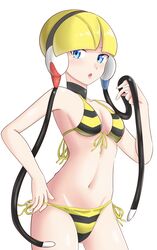  :o absurdres ass_visible_through_thighs bikini black_choker blonde_hair blue_eyes blunt_bangs breasts cable choker commentary_request cowboy_shot elesa_(pokemon) female hand_up headphones highres looking_at_viewer maho_(corotonton5150) navel open_mouth pokemon pokemon_bw short_hair side-tie_bikini_bottom simple_background solo striped_bikini striped_clothes swimsuit white_background yellow_bikini 