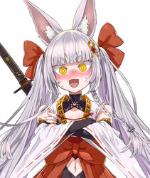  animal_ear_fluff animal_ears asanagi asanagi_(azur_lane) azur_lane bare_shoulders blunt_bangs blush bright_pupils colored_eyelashes commentary_request crossed_arms detached_sleeves eyeliner female fox_ears hair_ribbon hakama highres japanese_clothes katana long_hair looking_at_viewer makeup manjuu_(azur_lane) midriff mole mole_on_stomach navel nose_blush open_mouth prototype_design red_eyeliner red_hakama red_ribbon ribbon simple_background solo sweat sword twintails upper_body weapon white_background white_hair white_pupils wide_sleeves yellow_eyes 