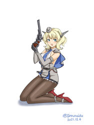  black_gloves black_pantyhose blonde_hair blue_capelet blue_eyes blue_necktie braid breasts capelet colorado_(kancolle) dress elbow_gloves female garrison_cap geru gloves grey_capelet grey_dress grey_gloves grey_hat gun handgun hat headgear high_heels holding holding_gun holding_weapon kantai_collection large_breasts multicolored_capelet necktie pantyhose pleated_dress red_footwear revolver shirt short_hair side_braids sideboob sleeveless solo weapon white_shirt 