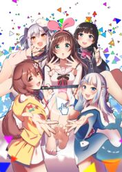  1boy 4girls animal_ears animal_hood bangs bare_legs barefoot black_hair blue_eyes blue_hair blue_hoodie blue_skirt blunt_bangs blurry blurry_foreground blush bow bowtie bracelet braid breasts brown_hair cardigan casino_(casinoep) collarbone cowboy_shot crossdressing detached_sleeves dog_ears dog_girl dog_tail doujinshi eyebrows_visible_through_hair fangs feet fish_tail foot_up foreshortening gawr_gura green_eyes group_picture hair_between_eyes hair_over_shoulder hairband hairbow hands_up highres holding hololive hololive_english hood hooded_jacket hoodie inugami_korone inuyama_tamaki jacket jewelry kizuna_ai legs_together long_hair long_sleeves looking_at_viewer medium_breasts mouse_pointer multicolored_hair multiple_girls nail_polish nijisanji non-web_source noripro oerba_yun_fang open_mouth orange_eyes otoko_no_ko outstretched_arm oversized_clothes pink_bow pink_cardigan pink_hair pink_hairband pink_nails pose school_uniform shark_girl shark_tail sharp_teeth shiny shiny_hair shirt shorts sidelocks silver_hair sitting skirt sleeveless sleeveless_shirt sleeves_past_wrists small_breasts smile standing streaked_hair surprised swept_bangs tail teeth toenail_polish toenails toes tsukino_mito twin_braids upper_teeth virtual_youtuber white_shorts wide_sleeves yellow_bow yellow_bowtie yellow_jacket 