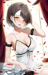  arm_garter bare_shoulders black_panties blush breasts brown_hair camisole camisole_lift cleavage clothes_lift collarbone curtains demon_girl demon_horns demon_tail drop_earrings earrings falling_petals female frills glint hand_on_own_head highres horns indoors jewelry lace_trim lifting_own_clothes looking_at_viewer md5_mismatch medium_breasts mole original panties parted_lips petals pubic_tattoo raised_eyebrows resolution_mismatch rose_petals see-through see-through_camisole short_hair sidelocks sitting solo source_smaller sugar_(dndi888) swept_bangs tail tattoo thighs underwear white_camisole yellow_eyes 