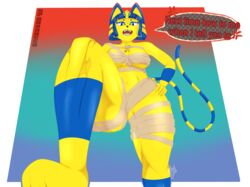  angry animal_crossing ankha_(animal_crossing) anthro bandage blue_eyes breasts chest_tuft clothed clothing command dialogue domestic_cat egyptian english_text eyebrows eyelashes fangs feet felid feline felis female fur fur_markings fur_pattern fur_tuft hair half-closed_eyes hand_on_hip headgear hi_res looking_at_viewer low-angle_view mammal markings multicolored_body multicolored_fur multicolored_hair multicolored_tail narrowed_eyes nintendo nipple_outline open_mouth partially_clothed sharp_teeth simple_background skimpy solo sp_advanced speech_bubble step_pose stepped_on stepping tail talking_to_viewer teeth text tongue tuft under_boob wide_hips wrappings yelling yellow_body yellow_fur 