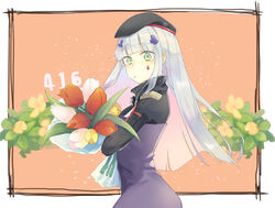  416_day beret black_hat bouquet female flower from_side girls&#039;_frontline green_eyes hair_ornament hat highres hk416_(girls&#039;_frontline) holding holding_bouquet light_blush long_hair looking_at_viewer sakana-ko solo straight_hair teardrop tulip white_flower white_hair white_tulip 