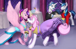  absurd_res alicorn blue_eyes blue_hair bow_(feature) bow_tie clothing dress equid equine facial_hair fancypants_(mlp) female fencing fencing_foil fleur_de_lis_(mlp) friendship_is_magic furniture glowing group hair hasbro hi_res hooves horn levitation magic male mammal moustache multicolored_hair my_little_pony mythological_creature mythological_equine mythology pink_hair princess_cadance_(mlp) purple_eyes purple_hair shining_armor_(mlp) silfoe table unicorn wings 