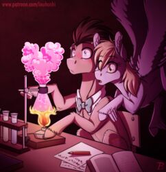  2021 amber_eyes beaker blush bow_tie bunsen_burner derpy_hooves doctor_whooves_(mlp) duo equid equine female fire friendship_is_magic hasbro heart_formation heart_symbol hi_res inuhoshi-to-darkpen laboratory_equipment laboratory_glassware male mammal my_little_pony mythological_creature mythological_equine mythology pegasus scientific_instrument smoke smoke_heart test_tube wings 