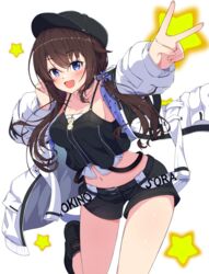  :d baseball_cap black_camisole black_footwear black_hat black_shorts blue_eyes breasts brown_hair camisole character_name crop_top female flower hair_flower hair_ornament hat highres hololive jacket leg_up long_hair looking_at_viewer midriff namikawa_kuroha navel open_clothes open_jacket short_shorts shorts sideboob smile solo star_(symbol) tokino_sora tokino_sora_(streetwear) virtual_youtuber white_jacket 