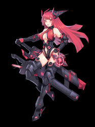  absurdres armpits barcode barcode_tattoo bare_shoulders black_background black_footwear black_gloves blush boots breasts center_opening cleavage clothing_cutout collarbone commentary elbow_gloves female floating_hair full_body gloves hand_on_own_hip hand_on_weapon headgear highleg highleg_leotard highres holding korean_commentary large_breasts leotard long_hair looking_at_viewer mecha_musume mechanical_boots mechanical_gloves mochirong navel navel_cutout neon_trim open_mouth original parted_lips red_eyes red_hair revealing_clothes simple_background sleeveless sleeveless_turtleneck sleeveless_turtleneck_leotard solo standing standing_on_one_leg sword tattoo thigh_boots thighhighs thighs turtleneck turtleneck_leotard two-tone_leotard weapon 