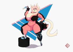  2021 absurd_res amputee anthro armor belly belly_folds belly_overhang big_breasts breasts capri_(doxxyl) cleavage clothed clothing digital_media_(artwork) disability domestic_cat doxxyl felid feline felis female hair headgear helmet hi_res huge_breasts humor inner_ear_fluff jawful mammal pink_hair prosthetic prosthetic_leg prosthetic_limb red_eyes simple_background slightly_chubby slightly_chubby_female solo thick_thighs tight_clothing tire tuft 