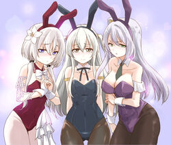  3girls adapted_costume animal_ears arm_at_side arm_ribbon armlet arms_behind_back assault_lily bare_arms bare_shoulders between_breasts black_hairband black_leotard black_ribbon blush bow bowtie breasts bridal_gauntlets brown_pantyhose closed_mouth collarbone commentary_request covered_navel cowboy_shot detached_collar egawa_kusumi fake_animal_ears flower frilled_leotard frills gloves gradient_background green_eyes green_necktie grey_hair groin hair_between_eyes hair_flower hair_ornament hair_over_shoulder hairband hairbow hand_on_own_arm hand_up hands_up heart hidai_miyazu kanba_girls_high_school_uniform large_breasts leotard long_hair looking_at_viewer low_twintails multiple_girls neck_ribbon necktie necktie_between_breasts nose_blush one_side_up own_hands_together pantyhose playboy_bunny purple_background purple_eyes purple_hairband purple_leotard rabbit_ears raised_eyebrows red_hairband red_leotard ribbon school_uniform shiozaki_suzume side-by-side sidelocks small_breasts standing strapless strapless_leotard twintails two_side_up urutsu_sahari v-shaped_eyebrows very_long_hair white_bow white_bowtie white_flower white_gloves white_hair white_ribbon wrist_cuffs yellow_bow yellow_eyes 