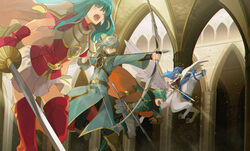  2boys 2girls ahoge armor arrow_(projectile) blonde_hair blue_hair boots bow_(weapon) brother_and_sister cape eirika_(fire_emblem) ephraim_(fire_emblem) fire_emblem fire_emblem:_the_sacred_stones gloves green_hair holding holding_bow_(weapon) holding_weapon horseback_riding innes_(fire_emblem) long_hair multiple_boys multiple_girls noki_(affabile) pegasus pegasus_knight_uniform_(fire_emblem) riding siblings skirt smile tana_(fire_emblem) thigh_boots thighhighs twins weapon zettai_ryouiki 