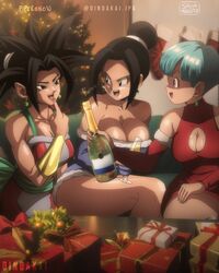  3girls alcohol artist_logo artist_name artist_signature background black_hair blue_eyes blue_hair bottle bulma_briefs champagne champagne_bottle champagne_glass chichi christmas christmas_clothing christmas_outfit christmas_presents collaboration collaboration_works dindakai dragon_ball dragon_ball_super dragon_ball_z exposed_cleavage kefla kefla_(dragon_ball) pipeesnow potara_earrings potara_fusion salvamakoto shiny shiny_body shiny_breasts shiny_clothes shiny_hair shiny_skin spiky_hair thick thick_body thick_breasts thick_hips thick_legs thick_thighs universe_6 universe_6/universe_7 universe_6_saiyan/universe_7_human 