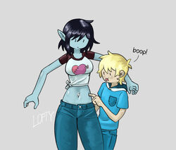  1boy 1girls :p adventure_time belly belly_button belly_piercing bigger_female cartoon_network duo duo_focus finn_the_human fully_clothed grey_background hands_up hood lofty_(artist) looking_at_partner marceline pants pressing shirt short_hair signature text tied_shirt touching_belly vampire vampire_girl 