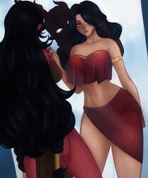  2girls armband artistic atmospheric black_hair crop_top crop_top_overhang dahlia_(day_of_wrath) dark-skinned dark-skinned_female dark_body dark_red_skin dark_skin day_of_wrath day_of_wrath_(doom_fanfic) demon demon_girl demon_horns demon_on_human demoness desire doom doom_(series) evil evocative exposed_midriff fancy_clothing fr04ek gold gold_(metal) gold_jewelry hand_in_another&#039;s_hair hand_in_hair hell infinitypilot long_hair melancholy midriff mirror mirror_reflection nostalgia nostalgic orange_eyes original original_character red_skin red_skirt red_top red_topwear reflection regal regret sad sad_expression sad_face seduction seductive shoulder_devil sinister skirt somber succubus succubus_horns temptation tempting tempting_another temptress tube_top tubetop white_eyes yearning yellow_eyes 