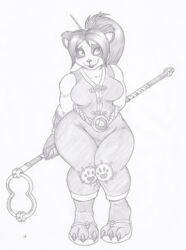  3_toes anthro bear black_and_white blizzard_entertainment chopsticks claws clothed clothing curvy_figure feet female footwear hair hi_res hindpaw joey-darkmeat looking_at_viewer mammal melee_weapon monochrome pandaren paws polearm sandals slightly_chubby solo staff toe_claws toes voluptuous warcraft weapon wide_hips 