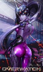  ass bodysuit gun no_bra overwatch tattoo widowmaker xī_t&iacute; 