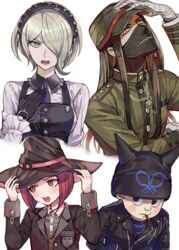  2boys 2girls bandages black_gloves black_hairband black_hat black_jacket blue_eyes blush brown_sweater commentary_request danganronpa_(series) danganronpa_v3:_killing_harmony dress_shirt gloves green_eyes green_hair green_hat green_jacket grey_shirt hair_over_one_eye hairband hands_on_headwear hat head_tilt hoshi_ryoma inzup jacket looking_at_viewer looking_away maid mask mouth_hold multiple_boys multiple_girls necktie open_clothes open_jacket open_mouth purple_necktie red_hair school_uniform shinguji_korekiyo shirt short_hair sweater tojo_kirumi white_background witch_hat yumeno_himiko 