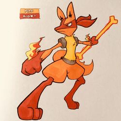  2018 3_fingers 3_toes alternate_color ambiguous_gender anthro athletic athletic_ambiguous athletic_anthro big_hands biped bone canid canine chest_tuft english_text eye_markings facial_markings fakemon featureless_crotch feet fighting_pose fingers fire firefightdex fist foreshortening front_view frown full-length_portrait fur generation_4_pokemon gloves_(marking) grey_body head_markings hi_res holding_object improvised_weapon looking_away lucario mammal marco_fanjul marker_(artwork) markings mask_(marking) mixed_media multicolored_body multicolored_fur neck_tuft nintendo nude orange_body orange_fur orange_markings orange_tail orange_theme pen_(artwork) pokemon pokemon_(species) portrait pose pseudo_clothing shadow simple_background snout solo spread_arms spread_legs spreading standing tail tendrils text toes toony traditional_media_(artwork) tuft two_tone_body two_tone_fur warm_colors white_background wide_stance yellow_body yellow_fur 