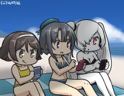  3girls abyssal_ship beach beret bikini black_hair brown_hair cellphone chibi colored_skin commentary dated day hair_over_one_eye hairband hamu_koutarou hat kantai_collection long_hair multiple_girls phone pokemon pokemon_go red_eyes shade short_hair sitting smartphone southern_ocean_war_princess strapless strapless_bikini swimsuit takao_(kancolle) tanikaze_(kancolle) twintails white_hair white_skin yellow_eyes 