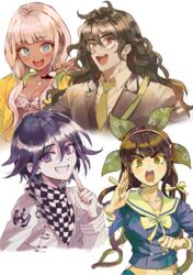  2boys 2girls :d bikini bikini_top_only black_hair blue_eyes blue_shirt blunt_bangs breasts brown_hair brown_jacket chabashira_tenko checkered_clothes checkered_scarf cleavage collarbone commentary_request danganronpa_(series) danganronpa_v3:_killing_harmony dark_skin glasses gokuhara_gonta green_eyes green_necktie green_ribbons grin hair_between_eyes hair_ribbon hairband index_finger_raised inzup jacket jewelry long_hair looking_at_viewer midriff mole mole_under_mouth multicolored_hair multiple_boys multiple_girls navel necklace necktie oma_kokichi open_clothes open_jacket open_mouth pink_hairband purple_eyes purple_hair red_eyes ribbon rimless_eyewear scarf school_uniform shirt silver_hair small_breasts smile stomach swimsuit two-tone_hair very_long_hair white_background white_bikini white_shirt yellow_jacket yonaga_angie 