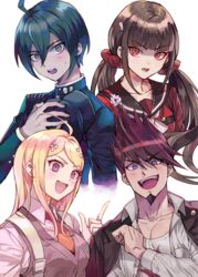  2boys 2girls :d ahoge akamatsu_kaede beard black_hair black_jacket blonde_hair blunt_bangs bow bowtie brown_hair collarbone commentary_request cropped_torso danganronpa_(series) danganronpa_v3:_killing_harmony facial_hair goatee green_eyes grey_vest hair_ornament hair_scrunchie harukawa_maki index_finger_raised inzup jacket long_hair looking_at_viewer mole mole_under_eye momota_kaito multiple_boys multiple_girls musical_note musical_note_hair_ornament open_clothes open_jacket open_mouth orange_bow orange_bowtie parted_bangs purple_eyes purple_hair red_scrunchie red_shirt saihara_shuichi school_uniform scrunchie shirt short_hair smile spiked_hair sweatdrop twintails upper_body very_long_hair vest white_background white_bow white_shirt 