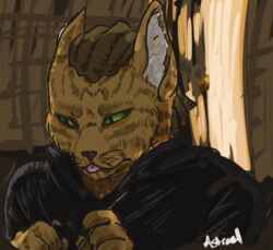  astrael_(artist) blep clothed clothing felid fully_clothed fur khajiit lockpick mammal microsoft solo the_elder_scrolls tongue tongue_out 