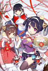  3girls ahoge anchor_hair_ornament azur_lane bamboo_steamer baozi black_hair blunt_bangs breasts brown_hair chinese_clothes chinese_commentary chinese_food cleavage cleavage_cutout clothing_cutout coat commentary dress earrings flower food fur-trimmed_coat fur-trimmed_jacket fur_trim hair_flower hair_ornament hair_rings hairband hairpods hatoyama_itsuru highres jacket jewelry large_breasts long_hair looking_at_viewer multiple_girls ning_hai_(azur_lane) outdoors panda photoshop_(medium) ping_hai_(azur_lane) pink_eyes purple_dress red_coat red_dress red_eyes red_ribbon ribbon smile snow tanghulu thighhighs tree white_hairband wristband yat_sen_(azur_lane) 