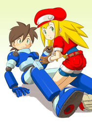  bike_shorts blonde_hair commentary_request female gloves green_eyes hat highres long_hair mega_man_(series) mega_man_legends_(series) open_mouth photoshop_(medium) red_shorts roll_caskett_(mega_man) sexually_suggestive shimotsuki_juugo shorts smile 