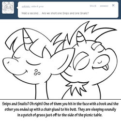  1:1 ambiguous_gender bitterplaguerat dialogue duo earth_pony english_text equid equine freckles friendship_is_magic hasbro horn horse low_res mammal monochrome my_little_pony pony sleeping snails_(mlp) snips_(mlp) text 