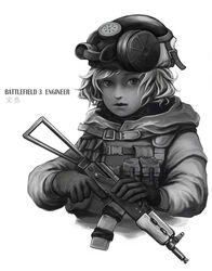  aks-74u assault_rifle baosan battlefield_(series) battlefield_3 commentary_request female gas_mask gloves gun kalashnikov_rifle load_bearing_vest mask military military_uniform monochrome photoshop_(medium) rifle short_hair simple_background solo trigger_discipline uniform wavy_hair weapon 