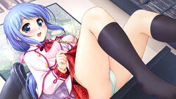  aqua_eyes bekkankou black_socks blue_hair blush clothes_lift daitoshokan_no_hitsujikai desk female game_cg green_panties indoors long_sleeves no_shoes on_desk panties short_hair sitting skirt skirt_lift socks solo takigawa_aoi_(daitoshokan_no_hitsujikai) underwear 