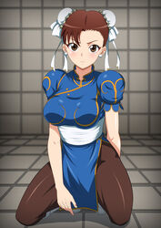  blush boots breasts brown_eyes brown_hair capcom china_dress chinese_clothes chun-li double_bun dress earrings female fingernails highres jewelry kneeling large_breasts legs looking_at_viewer makeup nail nails pantyhose serious short_hair solo street_fighter street_fighter_ii thighs 