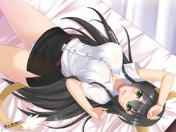  :o animal_ears artist_name bed bed_sheet belt black_hair blush breasts buttons cameltoe cat_ears cat_tail cleavage clenched_hand collared_shirt eyebrows eyebrows_visible_through_hair eyelashes green_eyes kemonomimi_mode large_breasts long_hair looking_at_viewer lying midriff miniskirt oerba_yun_fang on_back open_mouth original panties pantyshot pantyshot_(lying) shadow shiny shiny_hair shiny_skin shirt short_sleeves signature simple_background skirt solo sweat sweatdrop tail the-sinner underwear v-shaped_eyebrows very_long_hair white_panties white_shirt 