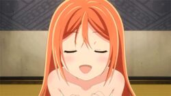  aihara_enju animated animated anime_screenshot black_bullet blush female flat_chest long_hair looking_at_viewer lowres naked_towel one_eye_closed orange_eyes orange_hair shinkon_santaku solo towel winking_(animated) 