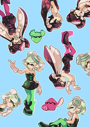  +_+ 2girls ankle_boots black_dress black_footwear black_jumpsuit blue_background boots callie_(splatoon) closed_eyes closed_mouth commentary cousins detached_collar dress earrings english_commentary expressions food food_on_face food_on_head gloves gomipomi green_legwear grey_hair grin inkling invisible_chair jewelry jumpsuit long_hair looking_at_viewer marie_(splatoon) mole mole_under_eye multiple_girls object_on_head open_mouth pantyhose photoshop_(medium) pointy_ears poses purple_legwear short_dress short_hair short_jumpsuit simple_background sitting smile splatoon_(series) squid squidbeak_splatoon standing strapless strapless_dress sushi tentacle_hair white_gloves 