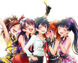  1boy 4girls ageha_mia amai_choco bad_id bad_pixiv_id blush brown_hair frills gloves harune_itsuki long_hair miyama_reina multiple_girls ooruri_ayami open_mouth photoshop_(medium) ponytail pretty_rhythm pretty_rhythm_aurora_dream pretty_rhythm_dear_my_future pretty_series purple_eyes purple_hair shijimi_karin short_hair skirt smile tears twintails 