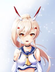  absurdres ayanami_(azur_lane) azur_lane bandaid bandaid_on_arm bare_shoulders black_choker blonde_hair blush choker commentary_request crop_top detached_sleeves female hair_between_eyes headgear highres long_hair looking_at_viewer neckerchief open_mouth partial_commentary ponytail red_eyes ryon_y0421 school_uniform serafuku solo upper_body yellow_neckerchief 