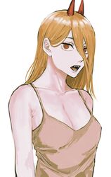  bad_id bad_twitter_id blonde_hair breasts brown_camisole camisole chainsaw_man cleavage collarbone cross-shaped_pupils demon_horns expressionless eyelashes fangs female hair_between_eyes highres horns long_hair looking_at_viewer medium_breasts open_mouth power_(chainsaw_man) raberu_ruru red_eyes red_horns simple_background sleeveless solo straight_hair symbol-shaped_pupils upper_body white_background 