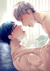  2boys after_kiss bara blue_eyes brown_eyes eye_contact glasses grey_hair indoors looking_at_another lying male_focus multiple_boys muscular muscular_male nipples on_back open_mouth original pectorals pillow saliva saliva_trail short_hair sweat tongue tongue_out upper_body xxxxchild yaoi 