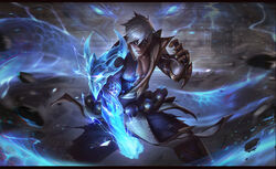  1boy arm_tattoo armor bara bare_pectorals belt black_pants blindfold chengwei_pan closed_mouth covered_eyes dragon electricity falling_rock gauntlets highres large_pectorals league_of_legends lee_sin male_focus muscular muscular_male official_alternate_costume official_art pants pectorals rock short_hair shoulder_armor single_gauntlet solo storm_dragon_lee_sin tattoo white_hair 