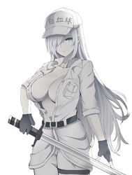  absurdres baseball_cap belt black_gloves blue_eyes breast_pocket breasts closed_mouth collared_jacket colored_skin cowboy_shot female fingerless_gloves gloves hair_over_one_eye hat hataraku_saibou hataraku_saibou_black highres holding holding_sword holding_weapon jacket jimmytwo1019 long_hair one_eye_covered open_clothes open_jacket pocket simple_background solo sword thigh_strap u-1196 weapon white_background white_blood_cell_(hataraku_saibou) white_hair white_hat white_skin 