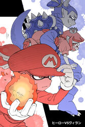  2boys absurdres animal_feet blue_eyes blue_hair bowser bowser_(cosplay) cosplay crown crying dress female fireball from_side frown gloves hat highres holding_person ink inkling_boy inkling_girl inkling_player_character kidnapping long_sleeves looking_at_another looking_to_the_side mario mario_(cosplay) mario_(series) mario_hat multiple_boys oerba_yun_fang open_mouth pink_dress pink_footwear pink_hair princess_peach princess_peach_(cosplay) red_eyes red_hair red_headwear sharp_teeth shoes short_hair short_sleeves splatoon_(series) splatoon_2 super_smash_bros._logo tail teeth tentacle_hair tied_hair white_gloves yoshizawa_miyabi 