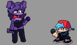  2021 anthro backwards_baseball_cap backwards_hat baseball_cap blue_hair bonnie_(cally3d) bonnie_(fnaf) bottomwear bow_(feature) bow_in_front bow_tie boyfriend_(fnf) breasts bunny_costume cleavage clothed clothing costume daralynarts duo electronics female five_nights_at_freddy&#039;s floppy_ears footwear fredina&#039;s_nightclub friday_night_funkin&#039; fur grey_background hair hat headgear headwear holding_microphone holding_object hoodie human lagomorph legwear leotard leporid male mammal microphone nervous_smile pants purple_body purple_fur purple_hair rabbit rule_63 scottgames shoes simple_background size_difference smile smirk sneakers stockings topwear 