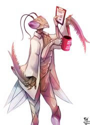  2019 4_arms 4_hands 5_eyes 5_fingers ambiguous_gender anthro arthropod clipboard clothing container cup digital_media_(artwork) english_text female_(lore) fingers foxinshadow hi_res insects laboratory_equipment mantis multi_arm multi_eye multi_hand multi_limb ocellis purple_eyes robe science scientific_instrument simple_background solo standing text weapon weapon_arm whiskers white_background white_clothing white_robe wings 