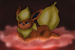  3:2 blue_eyes darknetic digital_media_(artwork) eeveelution feral flareon fluffy fluffy_tail fog fur generation_1_pokemon glowing glowing_eyes hi_res lying male nintendo orange_body orange_fur pawpads paws pokemon pokemon_(species) red_pawpads simple_background solo tail yellow_body yellow_fur 