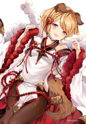  animal_ears backless_outfit black_pantyhose blonde_hair blush braid detached_sleeves dog_ears dog_girl dog_tail erune female granblue_fantasy hinakisara long_sleeves pantyhose short_hair smile solo tail vajra_(granblue_fantasy) wide_sleeves yellow_eyes 